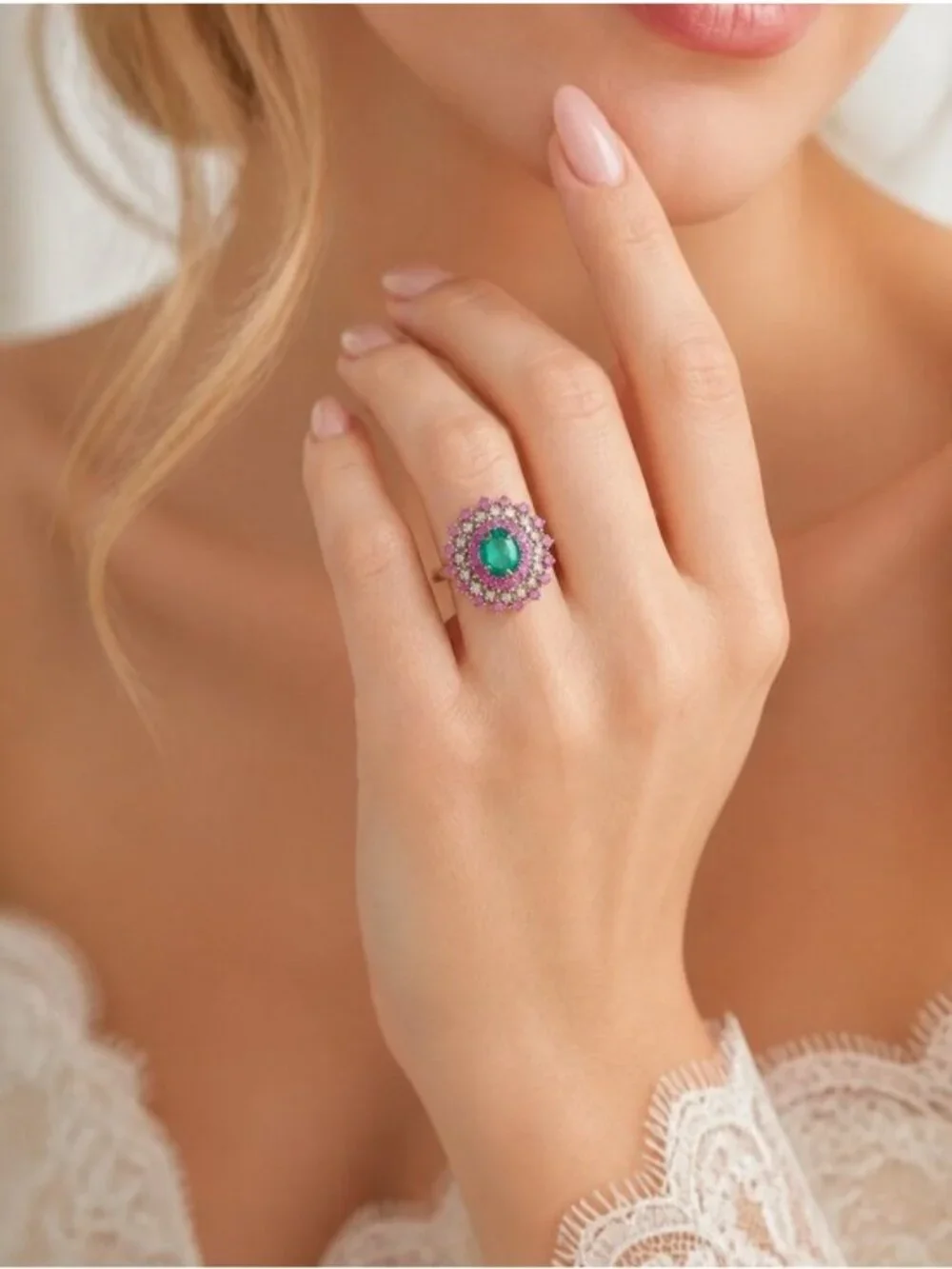 925 Sterling Silver Ring 7.5 with Natural Emerald Sapphires & Diamonds